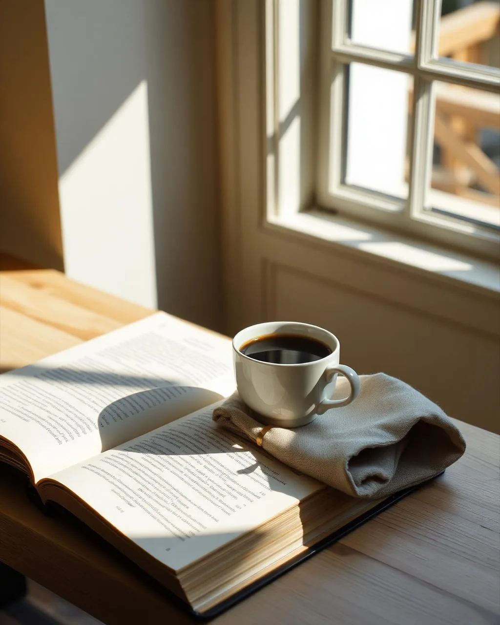 Xícara branca de café sobre um livro aberto ao lado de um pano de linho dobrado, luz da manhã por uma janela.