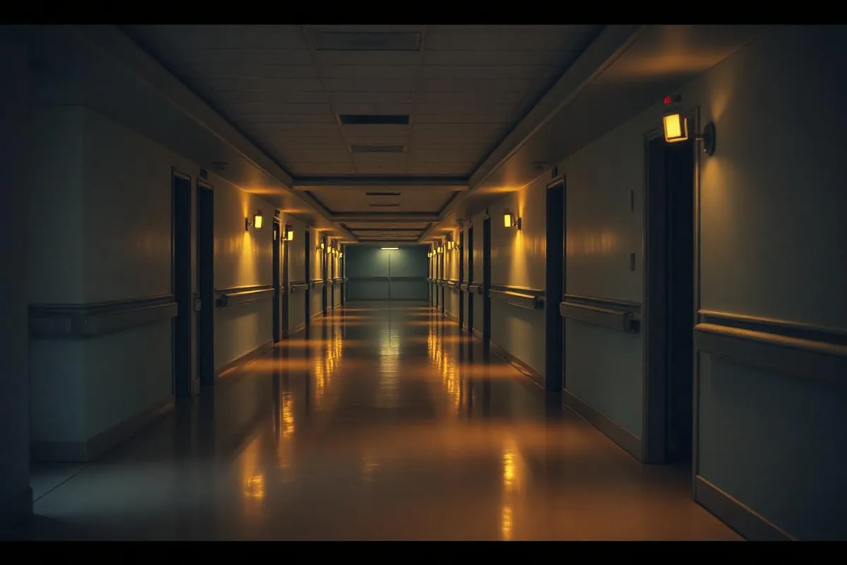 Corredor hospitalar vazio à noite, luzes amarelas discretas refletidas no piso polido.