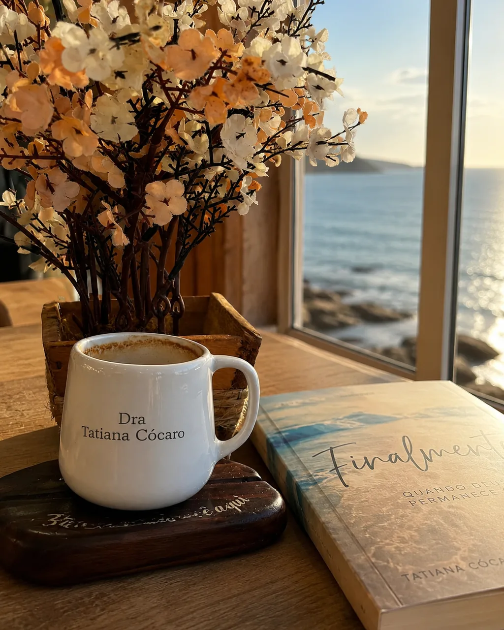 Caneca branca com o nome Dra. Tatiana Cócaro ao lado do livro Finalmente, Quando Deus Permanece, sobre mesa de madeira diante de uma janela com vista para o mar ao amanhecer
